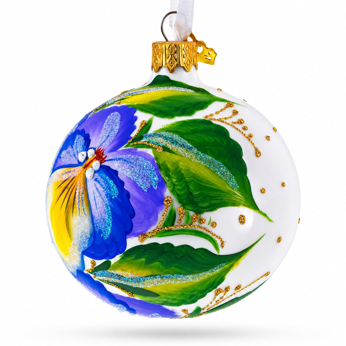 Purple Pansy Flowers Glass Christmas Ornament 3.25 Inches
