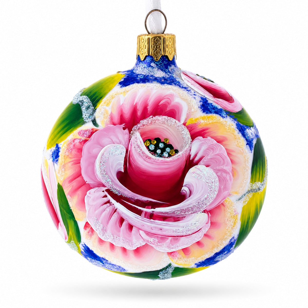 Exquisite Roses Glass Ball Christmas Ornament 3.25 Inches