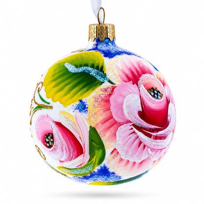 Exquisite Roses Glass Ball Christmas Ornament 3.25 Inches