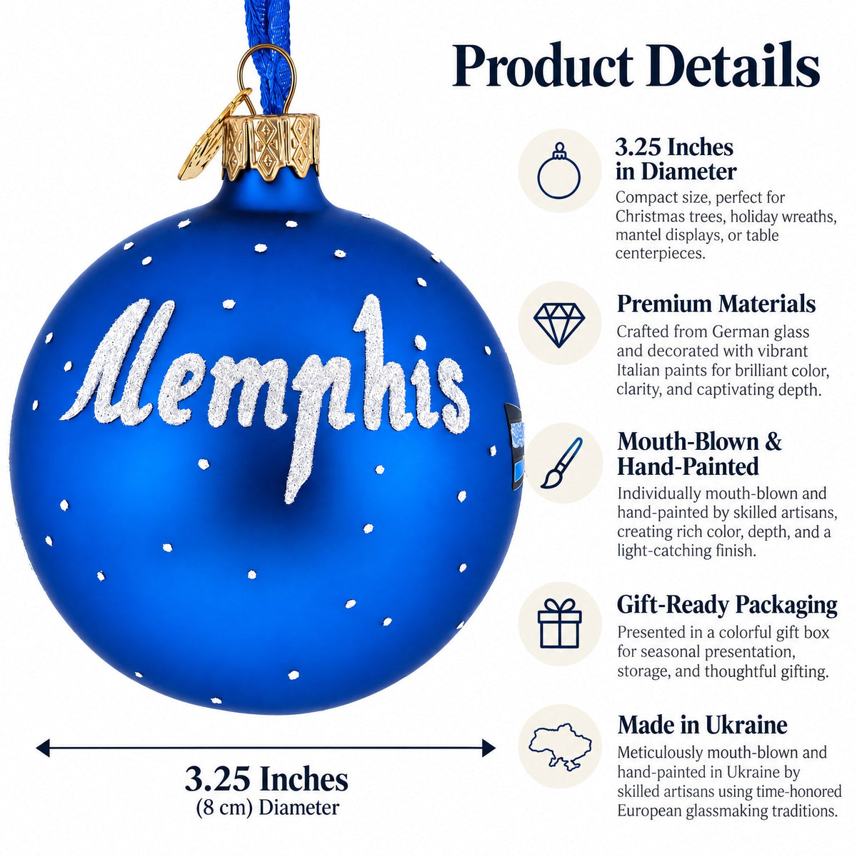 Memphis at Night, Tennessee Glass Ball Christmas Ornament 3.25 Inches