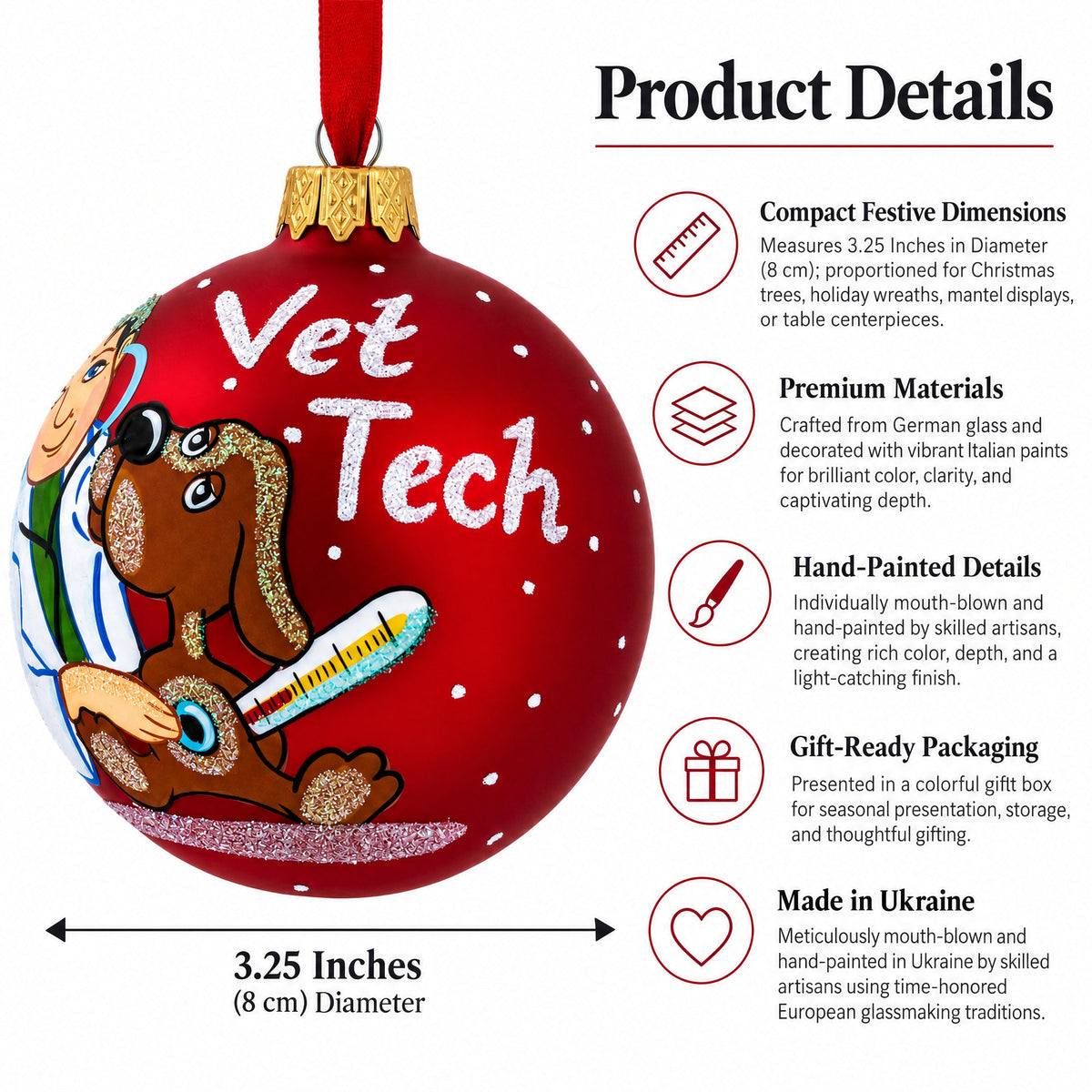 Veterinarian Technician Glass Ball Christmas Ornament 3.25 Inches