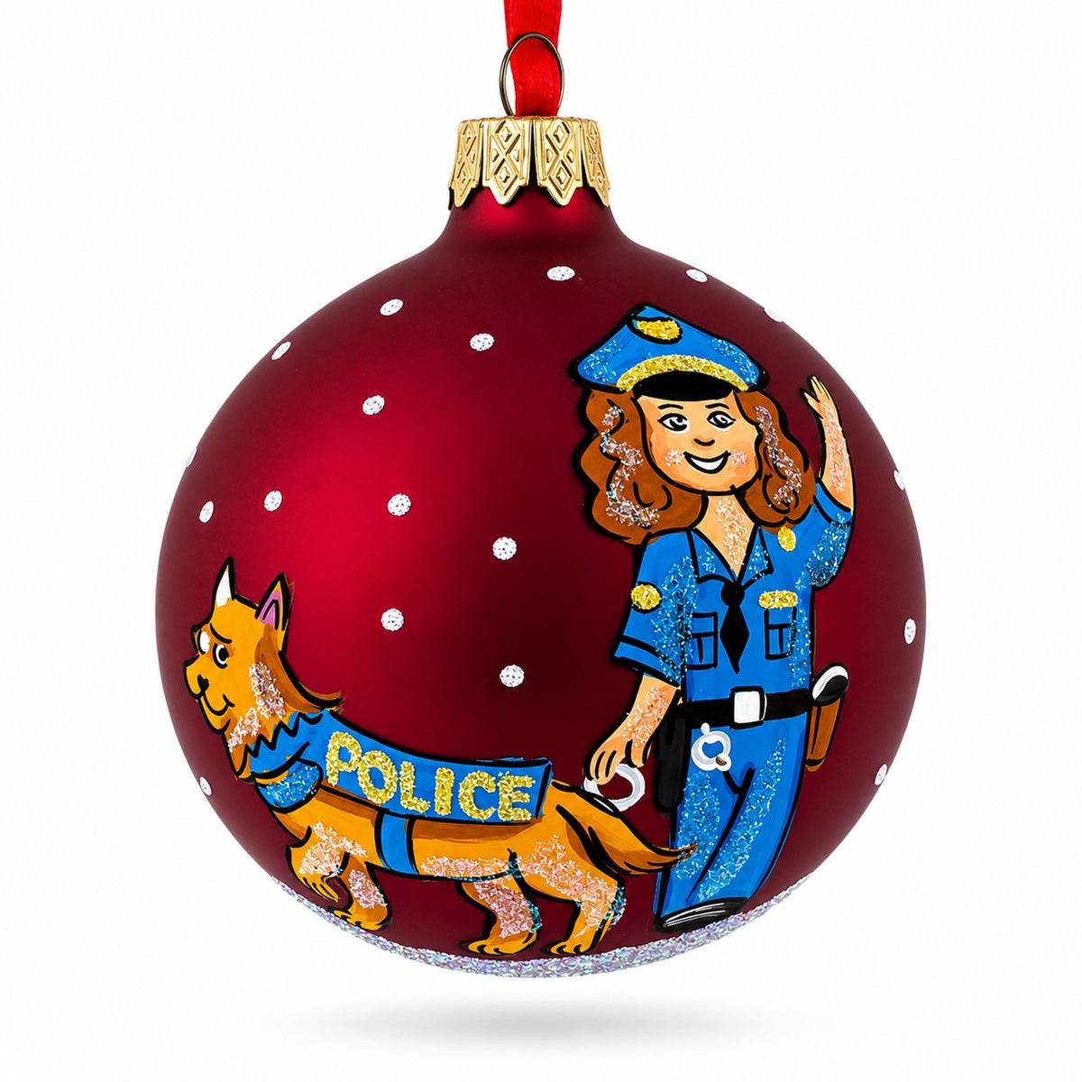 K-9 Police Officer with Dog Glass Ball Christmas Ornament 3.25 Inches