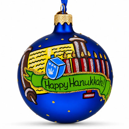 Happy Hanukkah Jewish Celebration Glass Ball Ornament 3.25 Inches