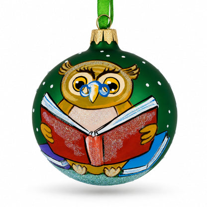 Wise Owl Reading Book Glass Ball Christmas Ornament 3.25 Inches