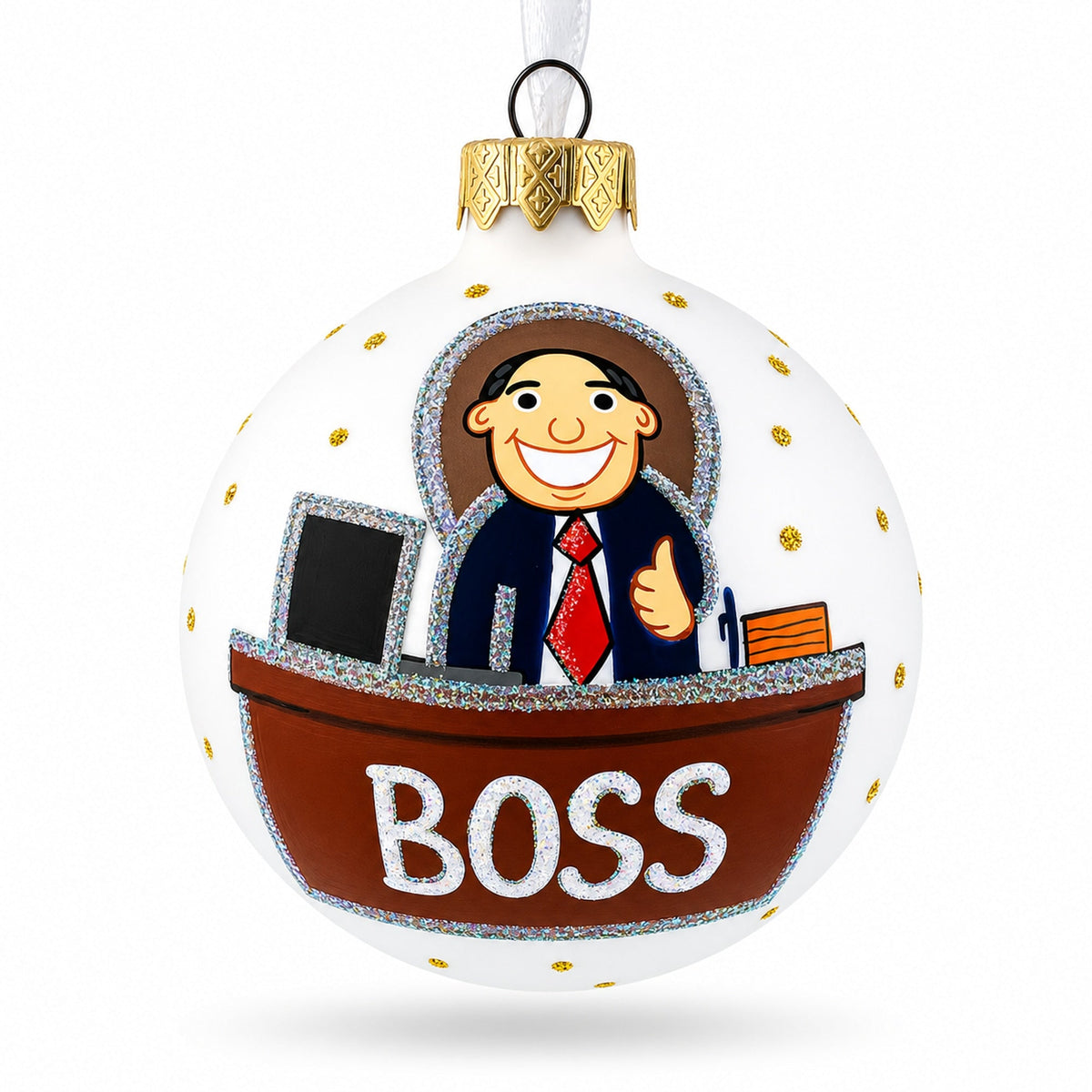 Cheerful Leader Glass Ball Boss Christmas Ornament 3.25 Inches