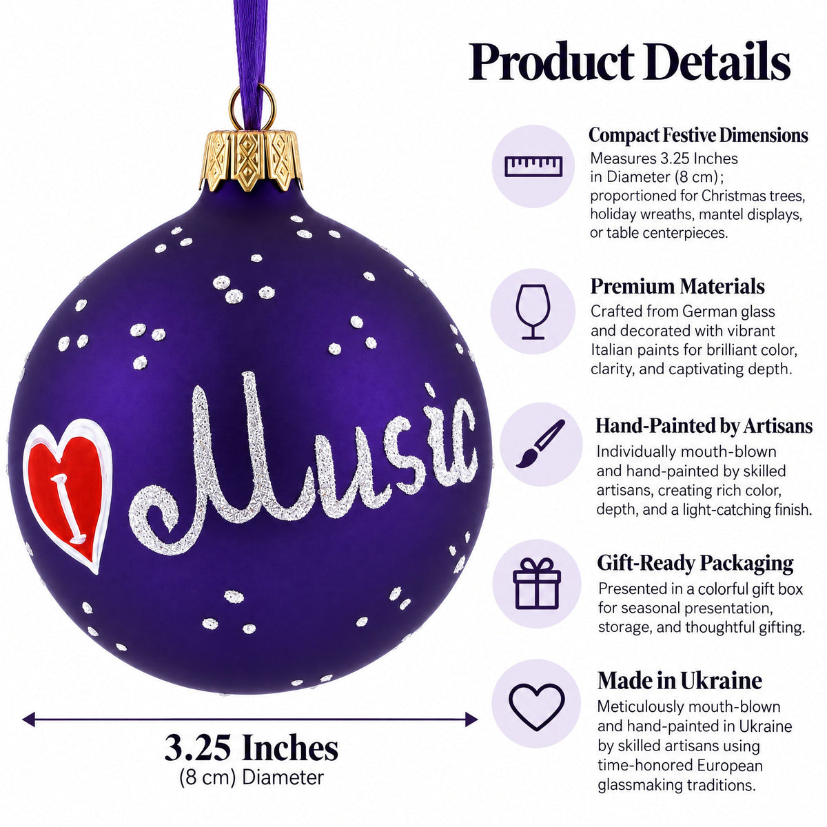 Music Instruments Glass Ball Christmas Ornament 3.25 Inches