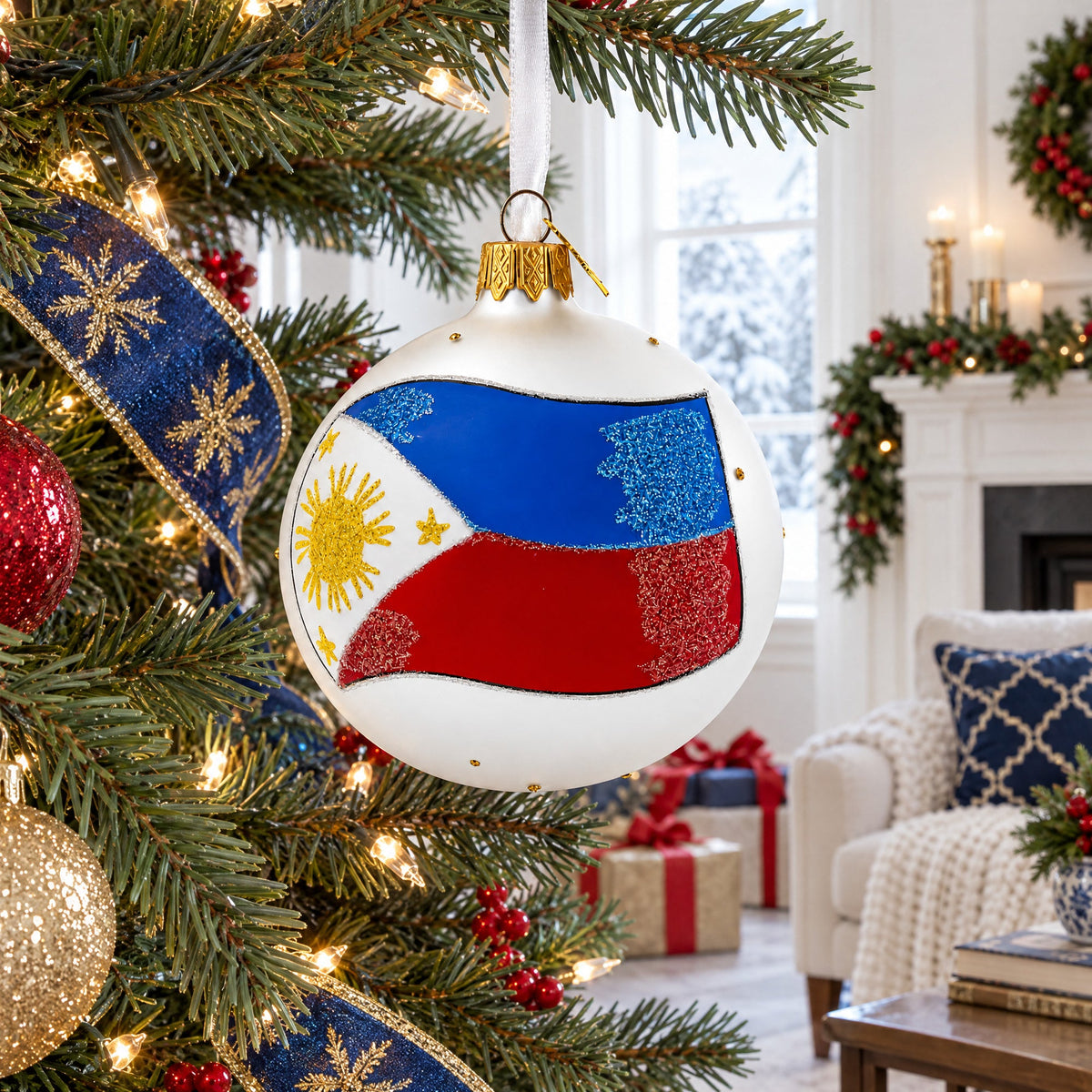 Flag of Philippines Glass Ball Christmas Ornament 3.25 Inches