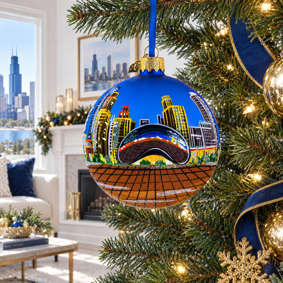 Chicago Reflections at Night Glass Ball Christmas Ornament 4 Inches