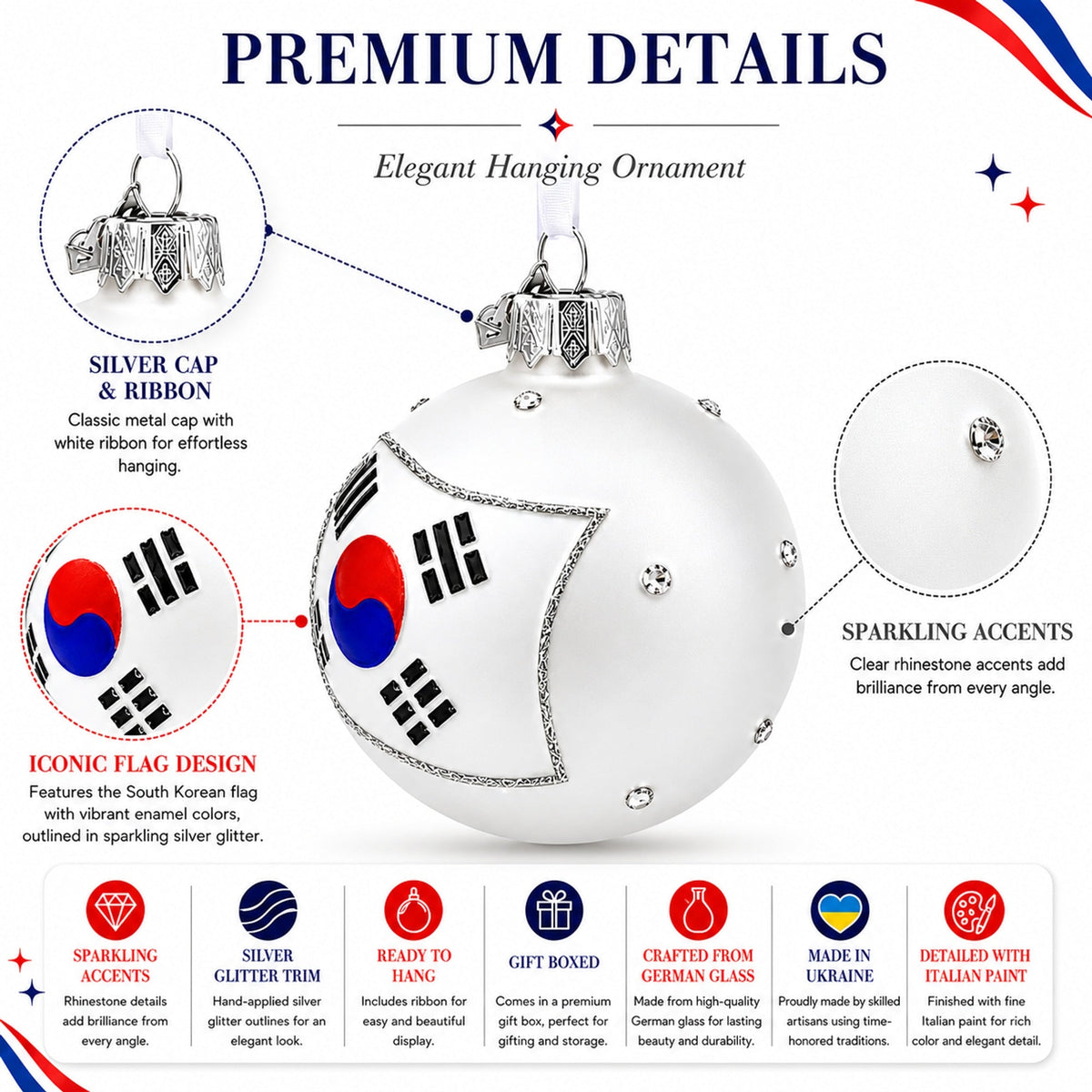 Flag of South Korea Glass Ball Christmas Ornament 3.25 Inches