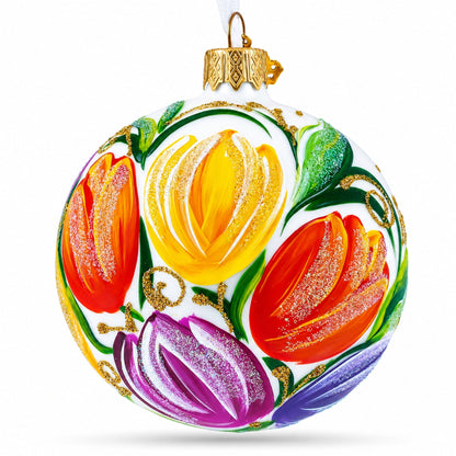 Tulip Bouquet on White Glass Ball Christmas Ornament 3.25 Inches