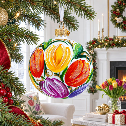 Tulip Bouquet on White Glass Ball Christmas Ornament 3.25 Inches
