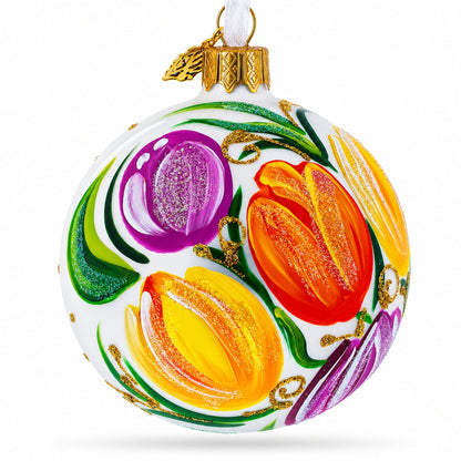 Tulip Bouquet on White Glass Ball Christmas Ornament 3.25 Inches