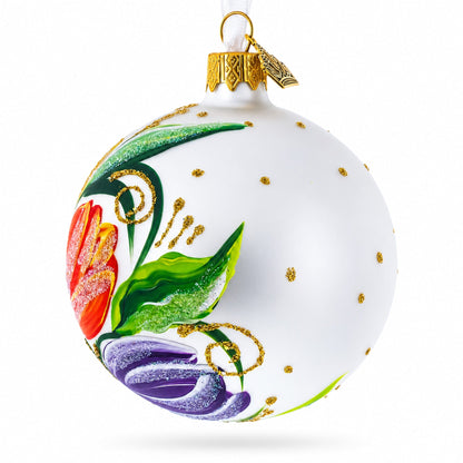 Tulip Bouquet on White Glass Ball Christmas Ornament 3.25 Inches