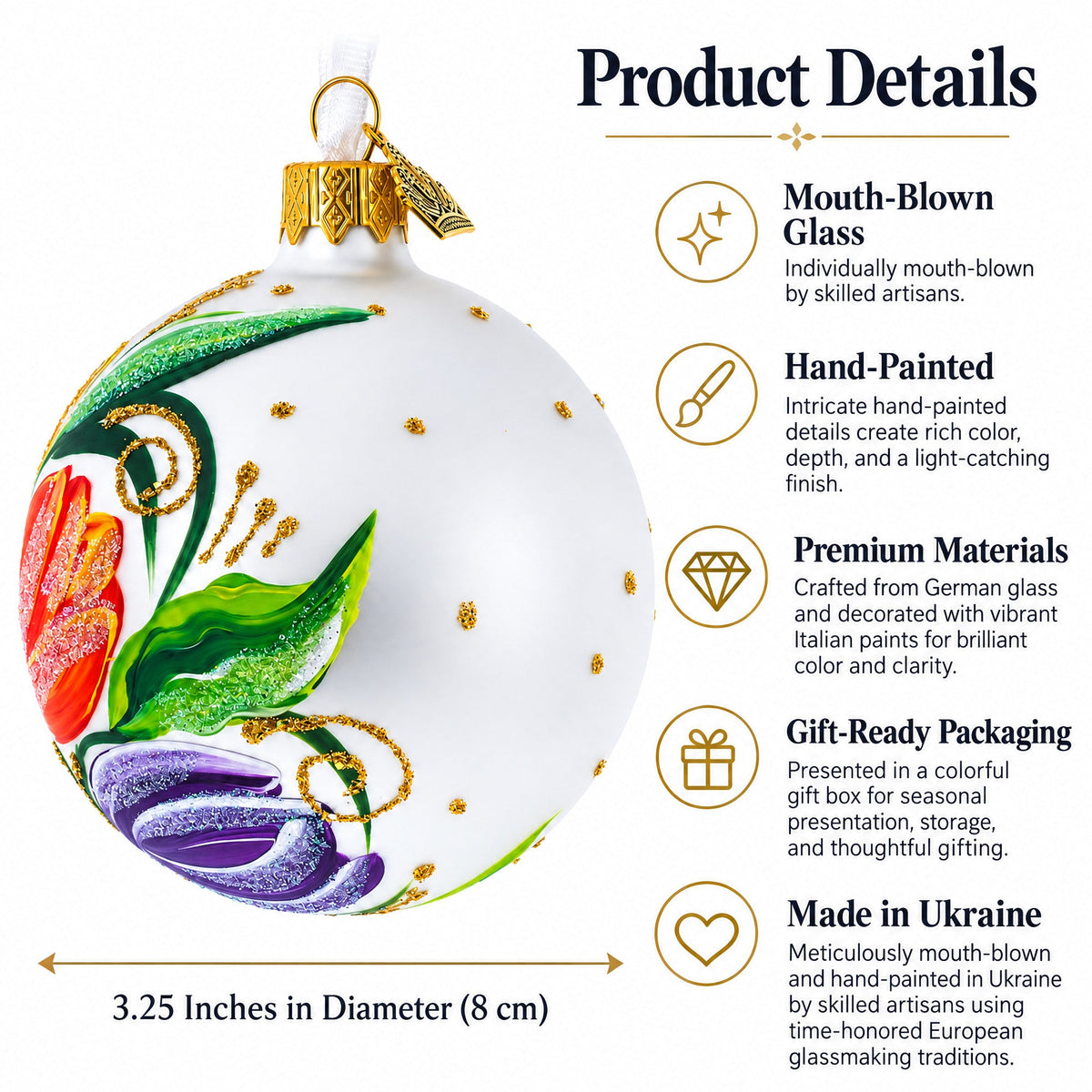 Tulip Bouquet on White Glass Ball Christmas Ornament 3.25 Inches