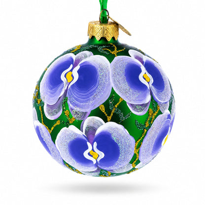 Blue Orchids on Verdant Green Glass Ball Christmas Ornament 3.25 Inches