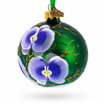 Blue Orchids on Verdant Green Glass Ball Christmas Ornament 3.25 Inches
