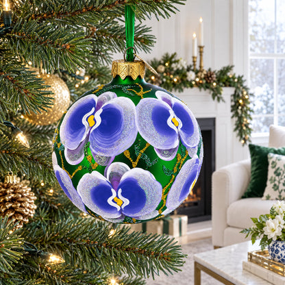 Blue Orchids on Verdant Green Glass Ball Christmas Ornament 3.25 Inches