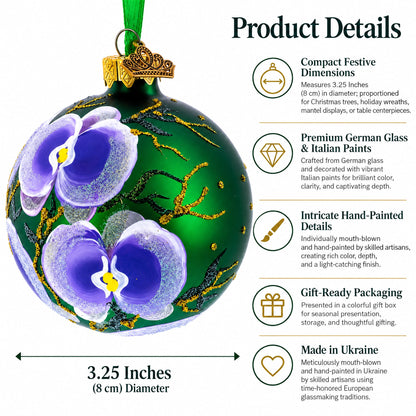 Blue Orchids on Verdant Green Glass Ball Christmas Ornament 3.25 Inches