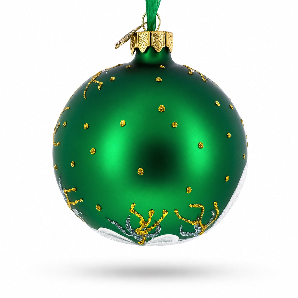 Blue Orchids on Verdant Green Glass Ball Christmas Ornament 3.25 Inches