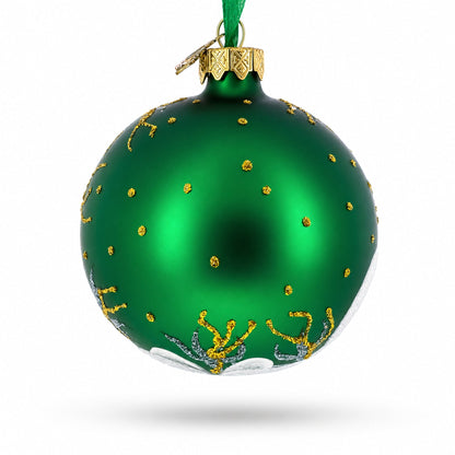 Blue Orchids on Verdant Green Glass Ball Christmas Ornament 3.25 Inches