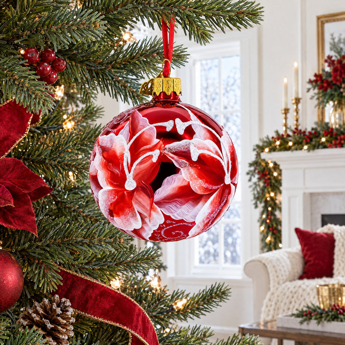 Red Lilies Glass Ball Christmas Ornament 3.25 Inches