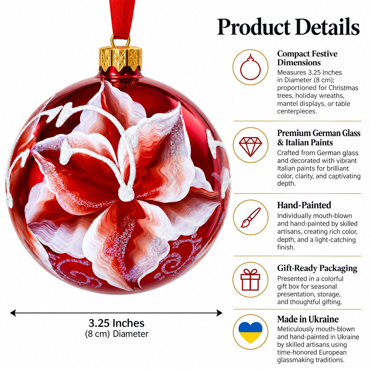 Red Lilies Glass Ball Christmas Ornament 3.25 Inches