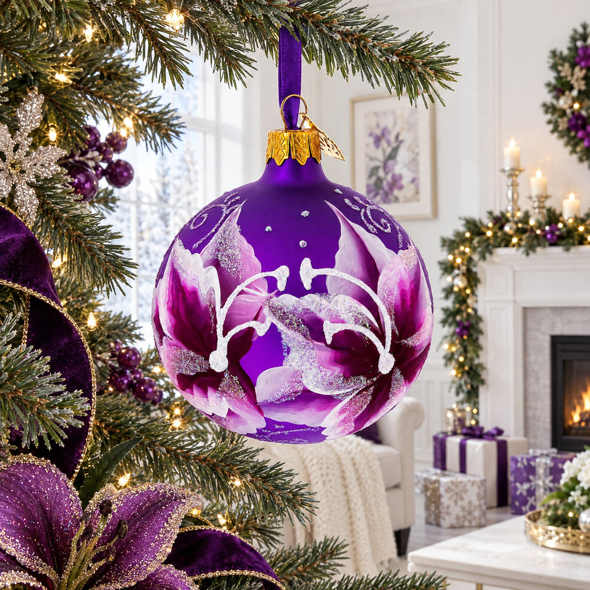 Purple Lily Blossoms Glass Ball Christmas Ornament 3.25 Inches
