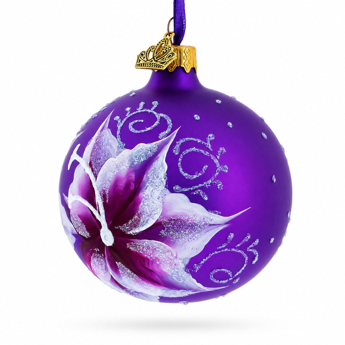 Purple Lily Blossoms Glass Ball Christmas Ornament 3.25 Inches