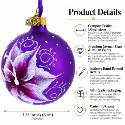 Purple Lily Blossoms Glass Ball Christmas Ornament 3.25 Inches