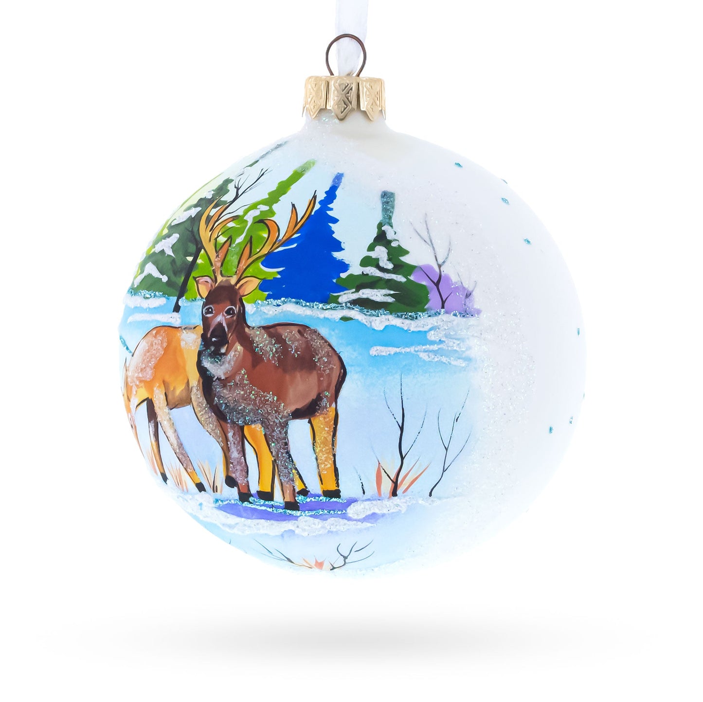 Majestic Deer in Winter Forest Glass Ball Christmas Ornament 4 Inches