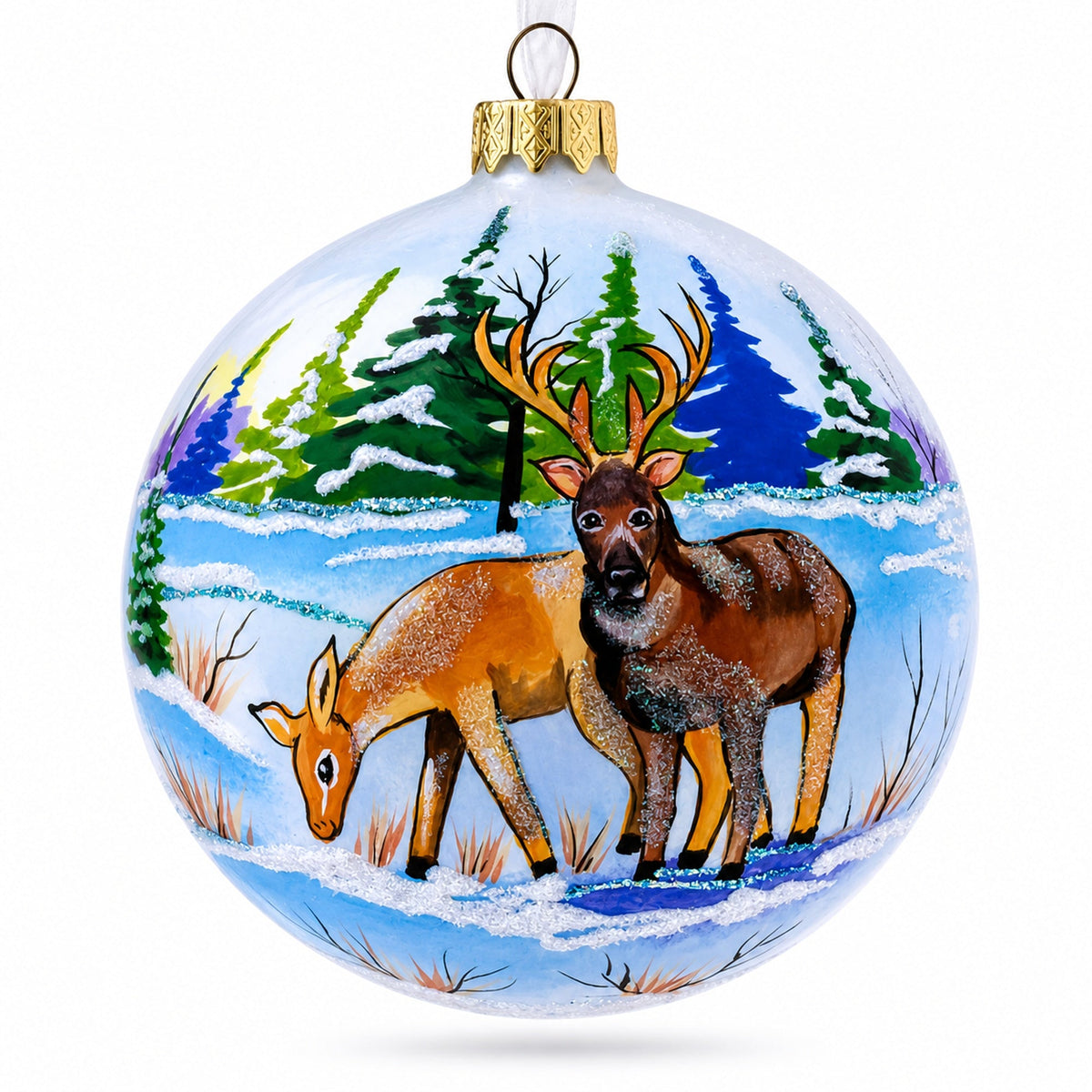 Majestic Deer in Winter Forest Glass Ball Christmas Ornament 4 Inches