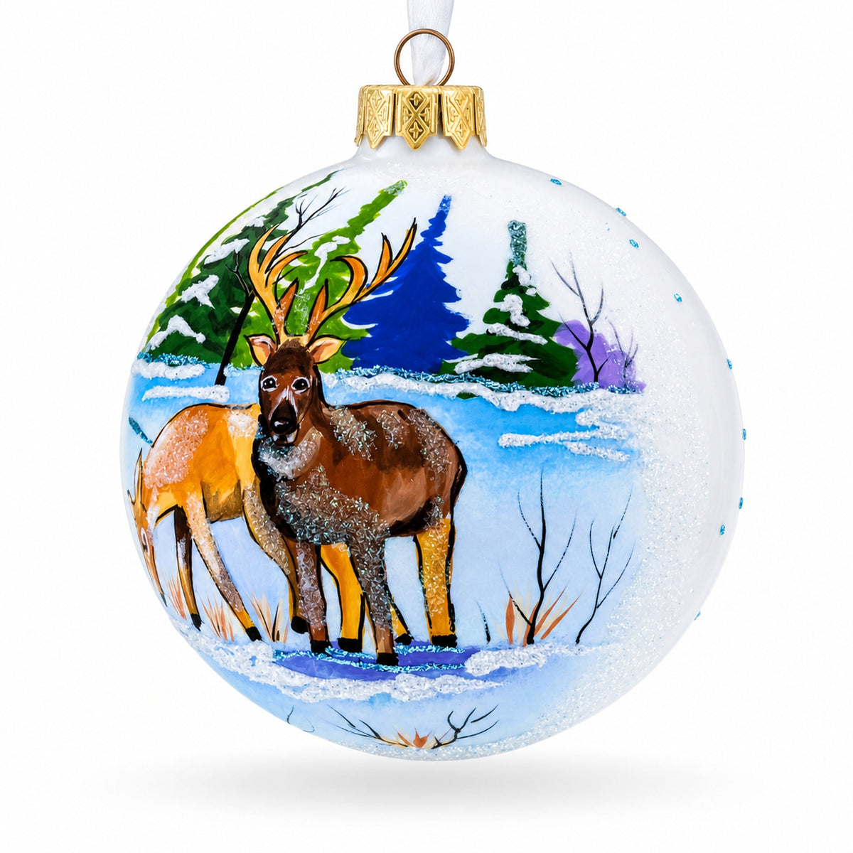 Majestic Deer in Winter Forest Glass Ball Christmas Ornament 4 Inches