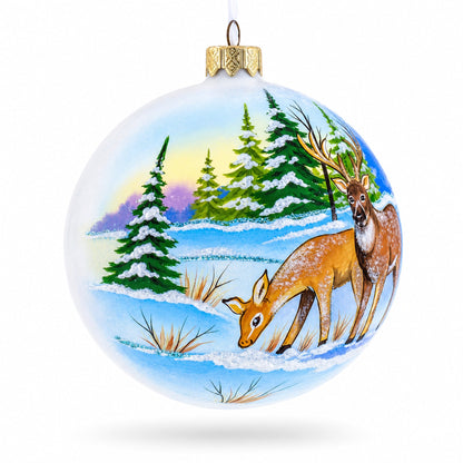 Majestic Deer in Winter Forest Glass Ball Christmas Ornament 4 Inches