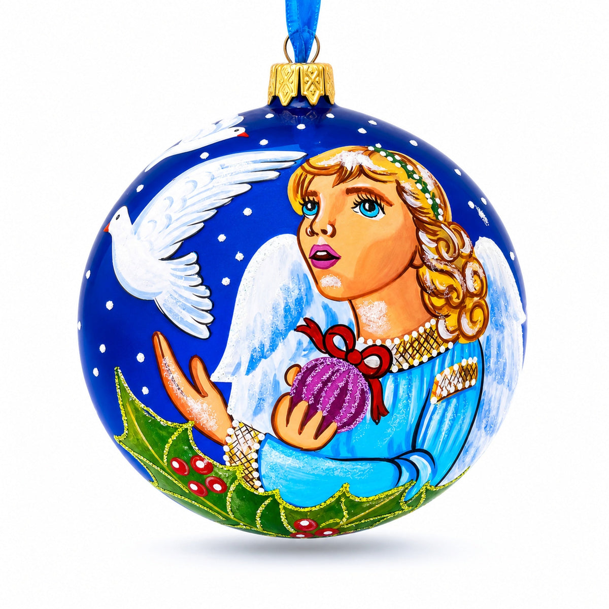 Angel with Peace Pigeons Glass Ball Christmas Ornament 4 Inches