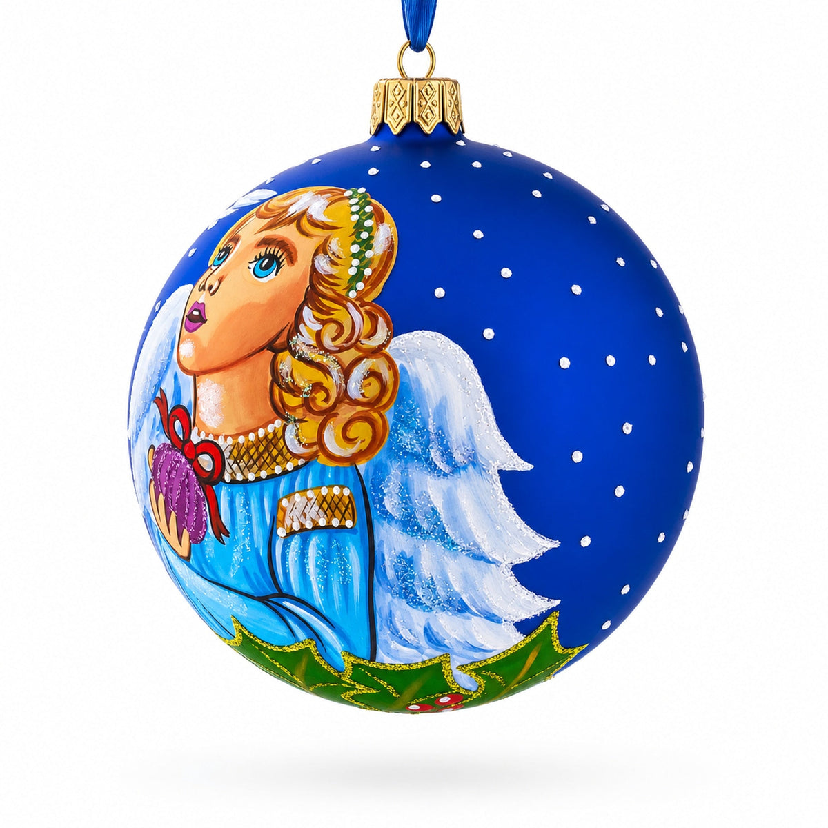 Angel with Peace Pigeons Glass Ball Christmas Ornament 4 Inches