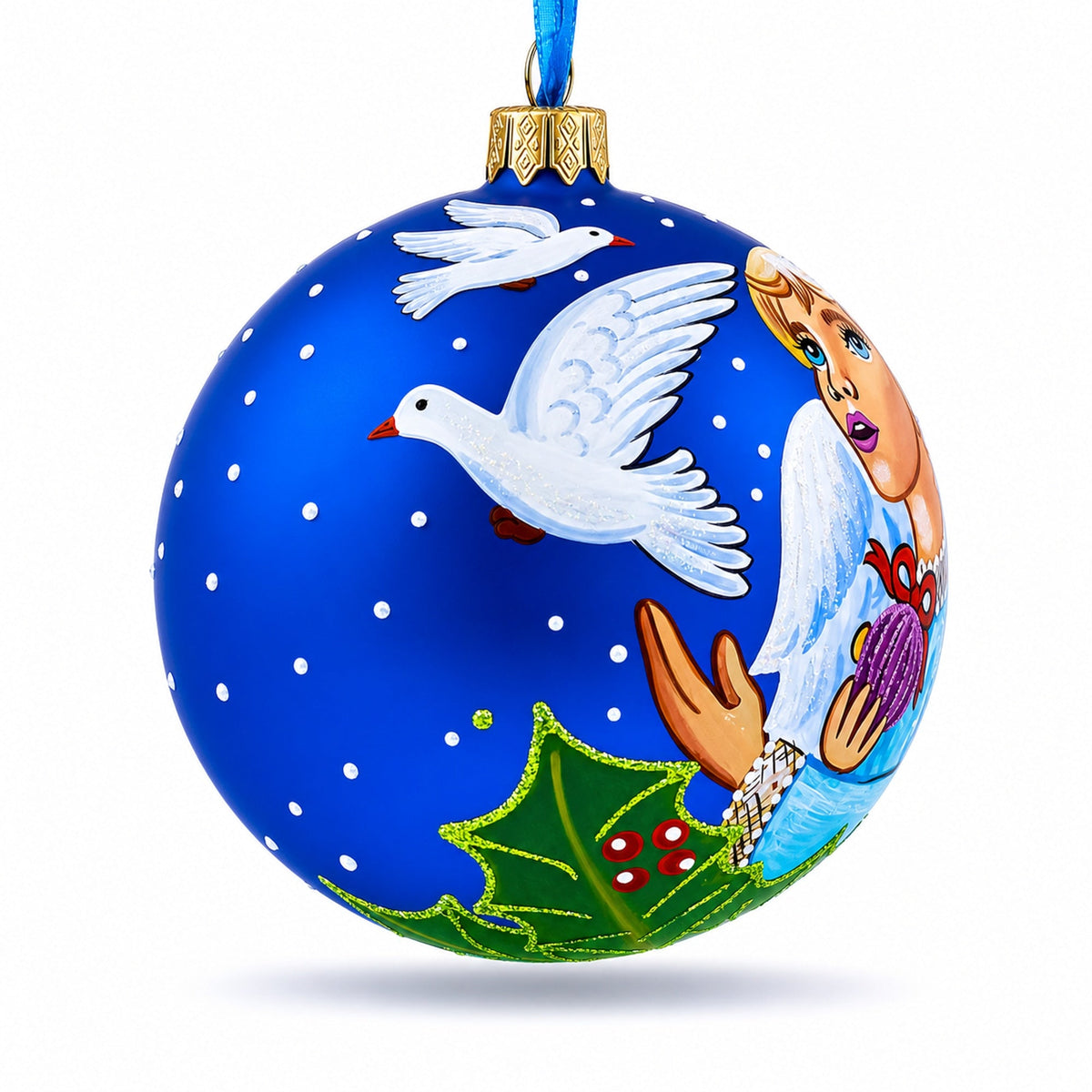 Angel with Peace Pigeons Glass Ball Christmas Ornament 4 Inches