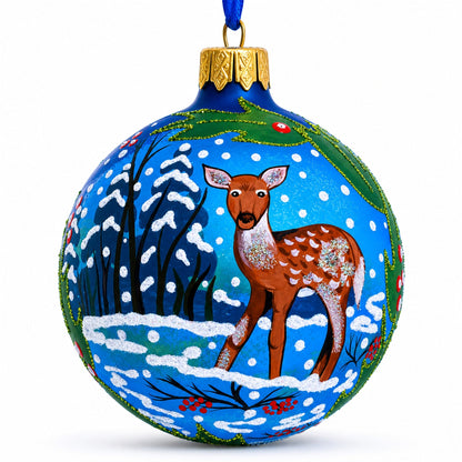 Deer in the Woods Glass Ball Christmas Ornament 3.25 Inches