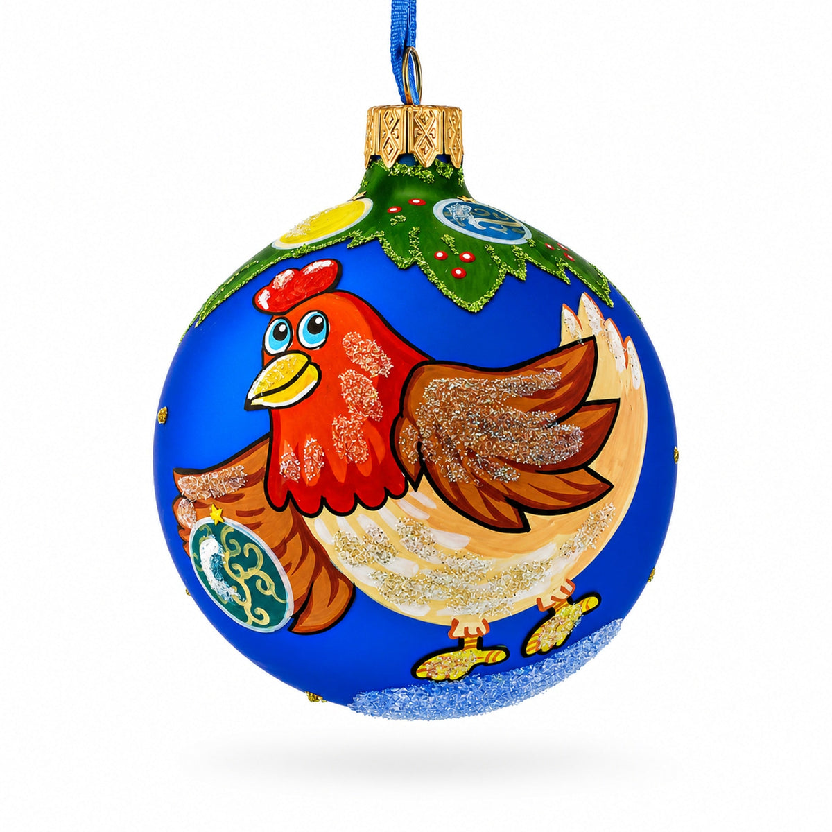 Hen Decorating the Tree Glass Christmas Ornament 3.25 Inches
