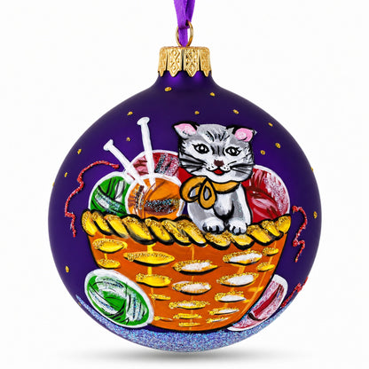 Kitten with Yarn Balls Glass Christmas Ornament 3.25 Inches