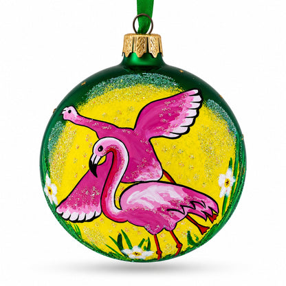 Pink Flamingos Glass Christmas Ornament 3.25 Inches