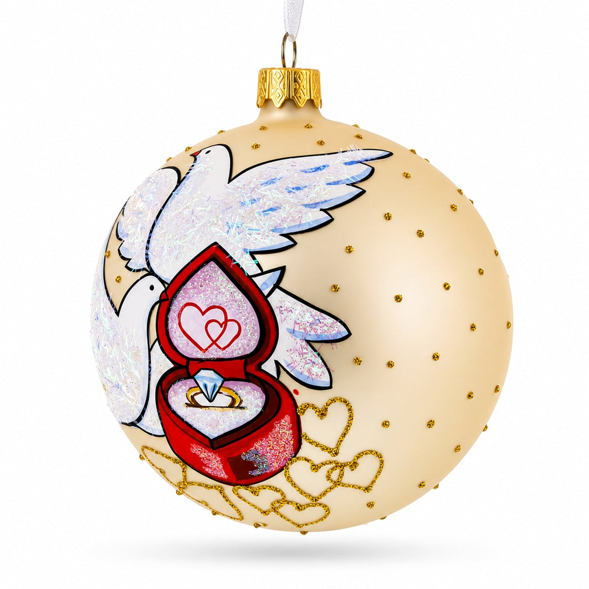 Doves and Wedding Ring Glass Ball Christmas Ornament 4 Inches