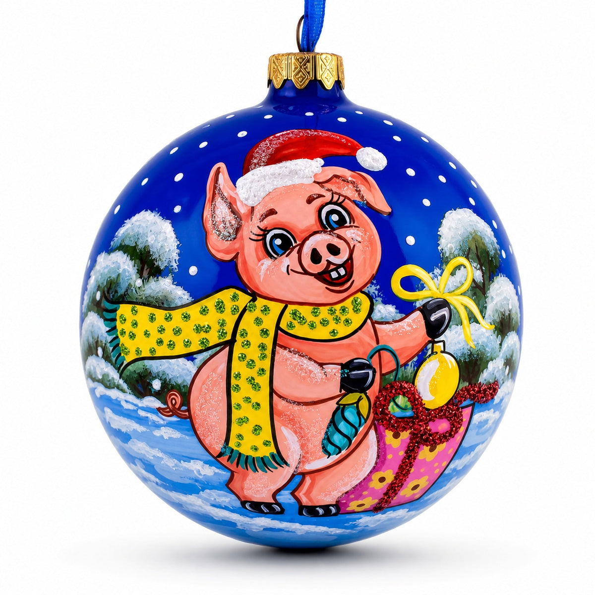 Pigs Decorating Tree Glass Ball Christmas Ornament 4 Inches