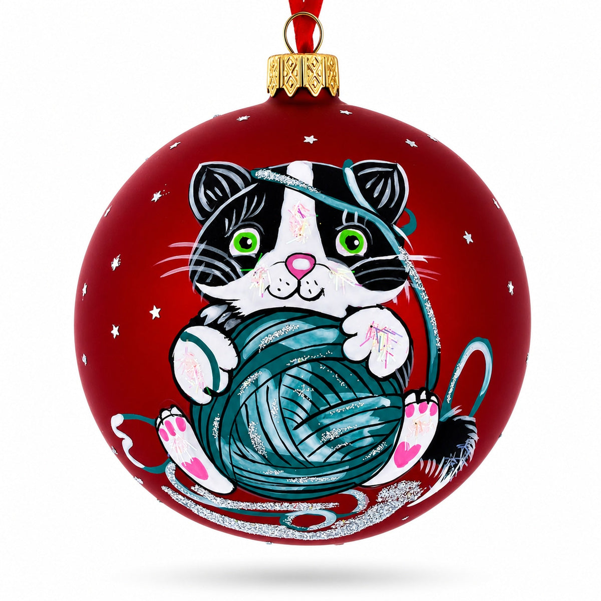 Kitten with Green Yarn Glass Ball Christmas Ornament 4 Inches