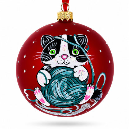 Kitten with Green Yarn Glass Ball Christmas Ornament 4 Inches
