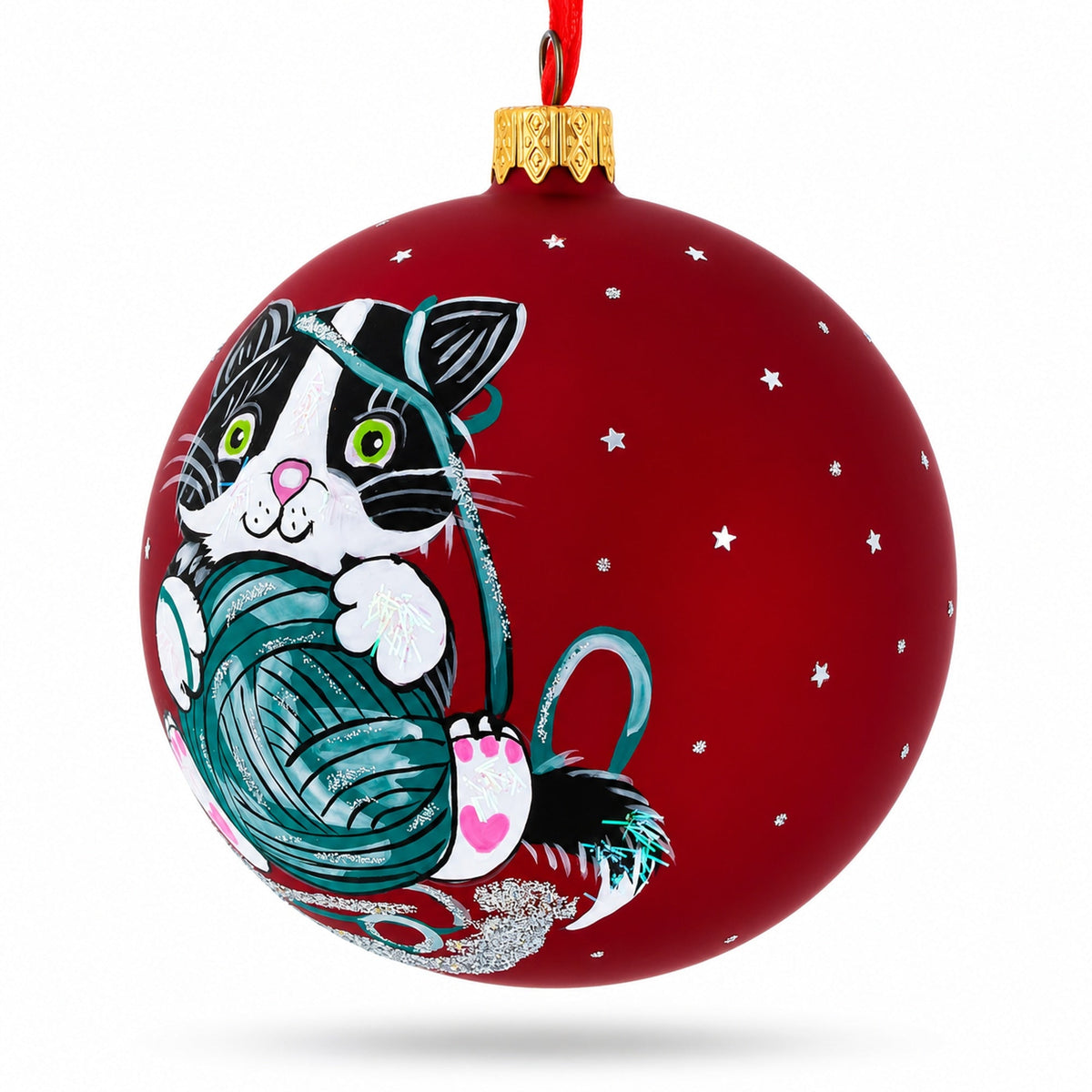 Kitten with Green Yarn Glass Ball Christmas Ornament 4 Inches