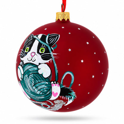 Kitten with Green Yarn Glass Ball Christmas Ornament 4 Inches