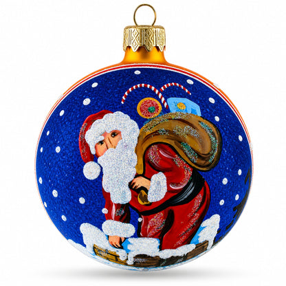Santa Climbing Down the Chimney Glass Ball Christmas Ornament 3.25 Inches