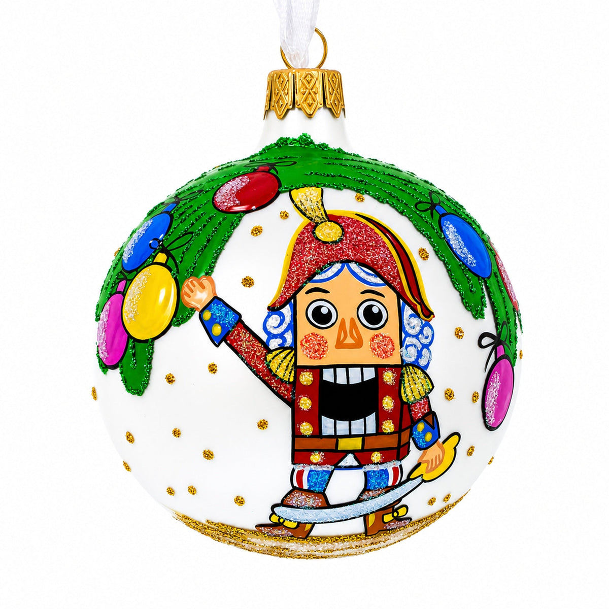 Nutcracker and Christmas Tree Glass Ball Ornament 3.25 Inches