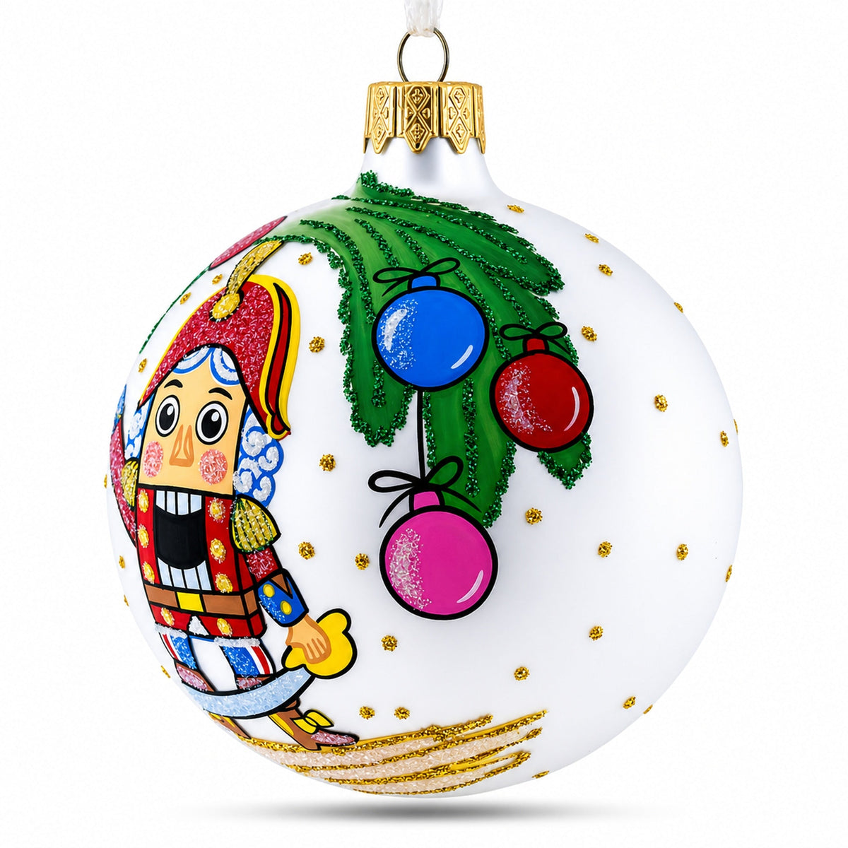 Nutcracker and Christmas Tree Glass Ball Ornament 3.25 Inches