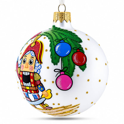 Nutcracker and Christmas Tree Glass Ball Ornament 3.25 Inches